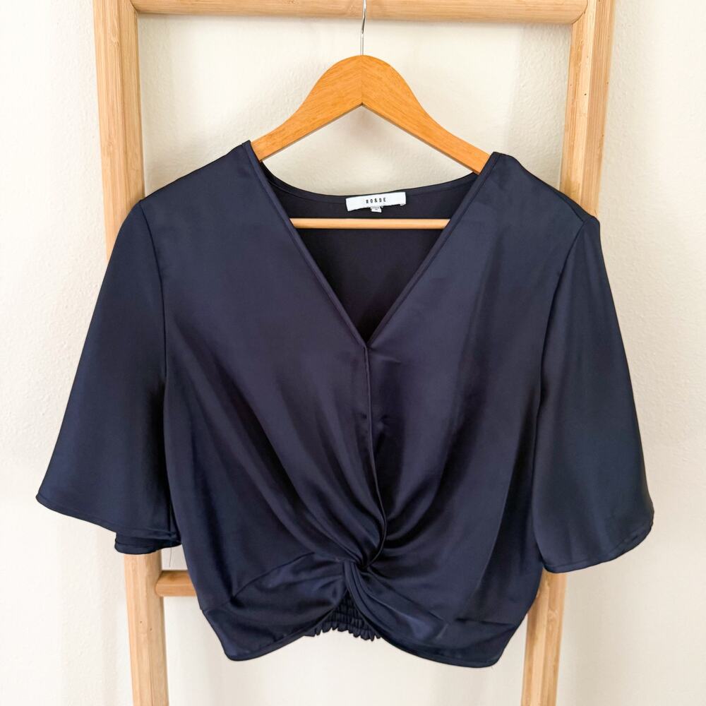 RO&DE Navy Twist Front V-Neck Blouse Smocked Hem Elbow Sleeve Top Medium
